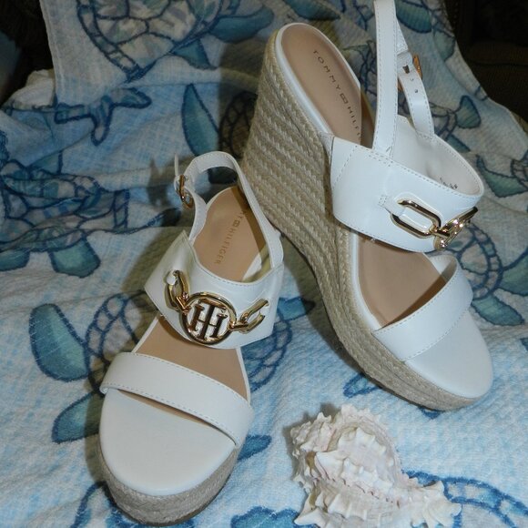 Tommy Hilfiger Khari High Espadrille Wedge Sandals White/Gold🆕📦🏃💨⚡🚚 - Picture 11 of 16
